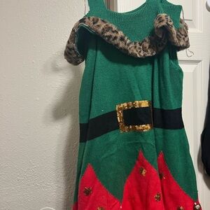 Green and Red Elf Costume with Leopard Trim